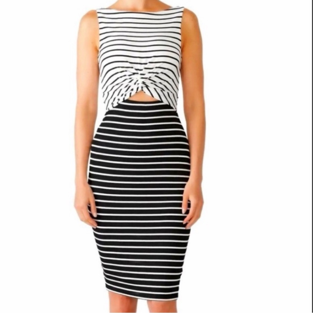 Bailey 44 Back and White Stripe Twist Front Stretch Midi Dress